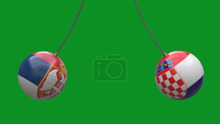 Photo for Balls on ropes in the colors of the national flags of Serbia and Croatia approach each other against a neutral background. 3D rendering. Design blank. Layout. - Royalty Free Image