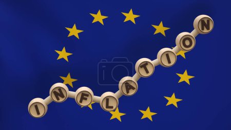 Foto de Wooden cylinders with the inscription "Inflation" in the form of an ascending graph on the background of the flag of European Union. Place for text or logo. Economy. Finance. 3D rendering - Imagen libre de derechos