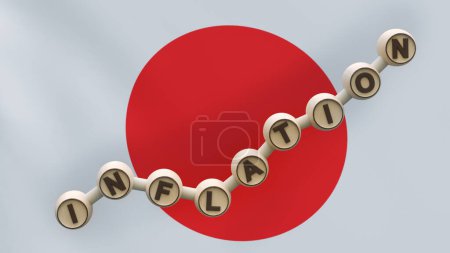 Foto de Wooden cylinders with the inscription "Inflation" in the form of an ascending graph on the background of the flag of Japan. Place for text or logo. Economy. Finance. 3D rendering - Imagen libre de derechos