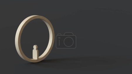 Foto de Figura de un hombre de madera dentro de una rueda sobre un fondo gris. Corriendo en círculo. Rutina. Representación 3D. Copiar espacio - Imagen libre de derechos