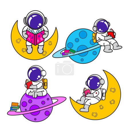 Astronaut cartoon set, animation , flat design, skate board, Vector illustration.