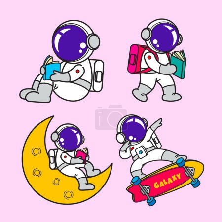 Téléchargez les illustrations : Astronaut cartoon set, animation , flat design, skate board, Vector illustration - en licence libre de droit