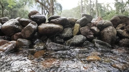 Téléchargez les photos : Piles de pierres rocheuses sur les cascades verser dans la forêt - en image libre de droit