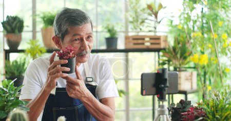 Photo for Senior gardener Asian man blogger review selling plant trees in pots on social media by streaming live from his shop. Online influencer elderly marketing concept - Royalty Free Image