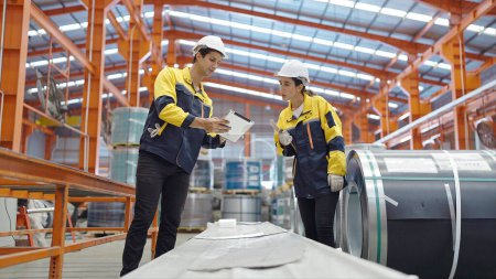 Téléchargez les photos : Deux employés de fabrication dans des chapeaux durs travaillant sur le stock de contrôle de tablette de métal d'acier à l'usine de fabrication de l'industrie - en image libre de droit