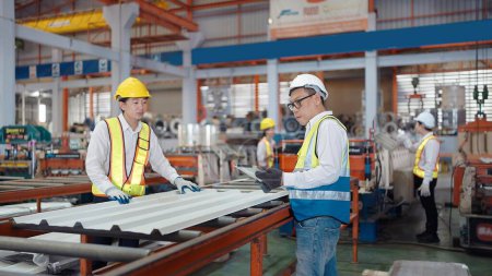 Photo for Two Asian man workers checking quality of metal sheet roof on plant at manufacturing metal factory. Metalwork manufacturing in plant - Royalty Free Image