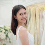 Smiling face of happy beautiful bride in white dress looking at camera at wedding studio