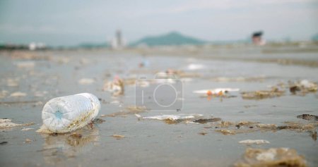 Téléchargez les photos : Bouteilles en plastique ordures sur la plage. Pollution des plages, Pollution de l'environnement, Problème écologique. - en image libre de droit