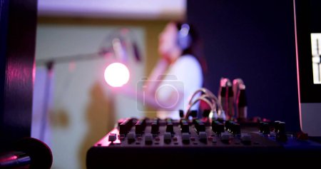 Photo for Sound system mixing audio equipment board in studio recording. Electronic sound mixer. Music and entertainment concept - Royalty Free Image