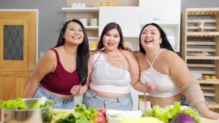 Photo for Portrait of cheerful Asian plus size women smiling to camera. Happy three chubby women friends. Group of beautiful plus size woman. Body acceptance, body positive concept - Royalty Free Image