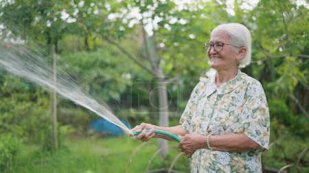 Téléchargez les photos : Heureuse femme âgée asiatique arrosant des plantes dans la cour arrière. Asiatique femme âgée tenant tuyau d'arrosage plantes jardin vert à la maison. Mode de vie du concept de retraite - en image libre de droit