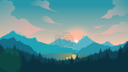 Ilustración de Fondo de paisaje de montaña azul, montañas con vista a la mañana, fondo de montañas planas - Imagen libre de derechos