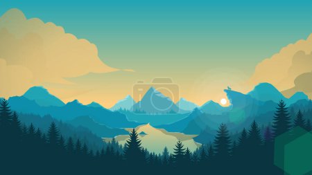 Ilustración de Fondo de paisaje de montañas azules, montañas con vista matutina, fondo de montañas planas, fondo de fauna - Imagen libre de derechos