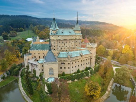 Photo for Bojnice Castle. Aerial view of neo-gothic romantic, fairytale castle in colorful autumn landscape. UNESCO heritage landscape travel concept. Slovakia. - Royalty Free Image