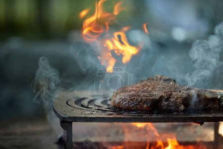 Téléchargez les photos : Gros plan des steaks se préparant au festival du jardin, flammes, faible profondeur de champ, fond flou très coloré, soirée au festival du jardin. - en image libre de droit