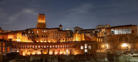 Rome Italy 13 March 2023 :Fori Imperiali illuminated archaeological site of ancient Rome
