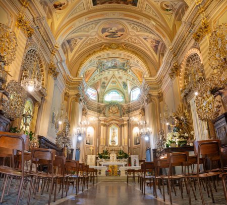 Loano Italy 17 April 2024: Interior of the Oratorio delle Cappe Bianche church, home of the Confraternity of the White Disciplinants