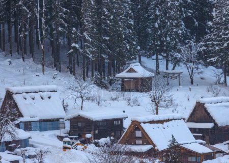Foto de Cubiertas empinadas de nieve en el pueblo de montaña por bosques. Foto de alta calidad - Imagen libre de derechos
