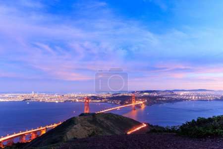 Photo for Car lights on Golden Gate Bridge by San Francisco at Blue Hour. High quality photo - Royalty Free Image