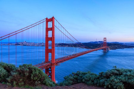 Photo for Iconic Golden Gate Bridge and San Francisco city on coast at sunset. High quality photo - Royalty Free Image