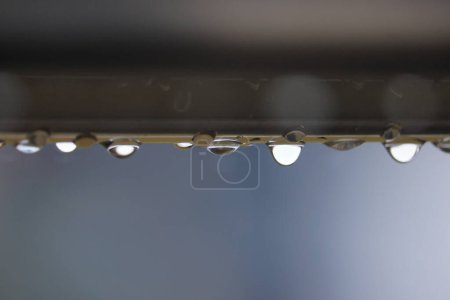 Photo for Clear Water Droplets Bead on Underside of Metal Pipe with Blurred Background. High quality photo - Royalty Free Image