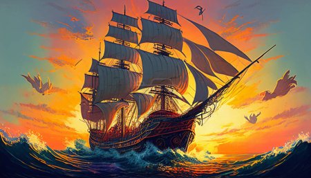 Altes Segelschiff im rauen offenen Meer vor spektakulärem Sonnenaufgang. Hochwertiges Foto