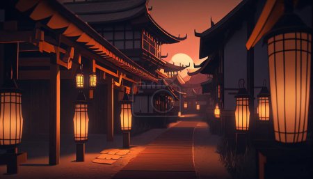 Dawn of Serenity: Ein traditionelles japanisches Dorf, erleuchtet von glühenden Laternen. Hochwertiges Foto