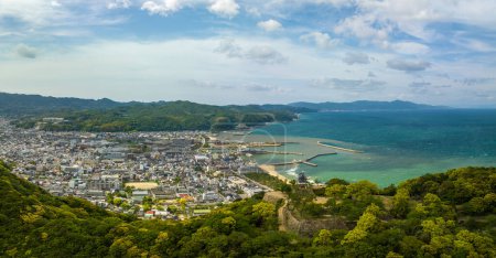 Photo for Panoramic aerial view of Sumoto Castle and small town in coastal landscape. High quality photo - Royalty Free Image