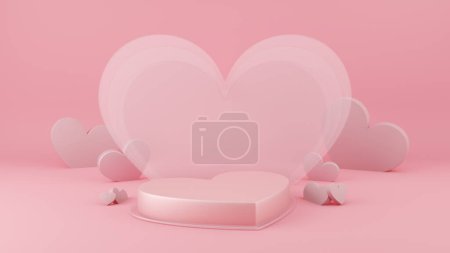 Pastel pink heart shaped podium stage with heart shape symbol background for Valentine minimal products display stand, products showcase, promotion display, Valentine's day event. 3d rendering.
