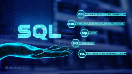 Foto de Hand showing SQL word with Database server background. SQL commands are mainly categorized into five categories as DDL, DQL, DML, DCL, TCL. Concept of Structured Query Language code. 3D render. - Imagen libre de derechos