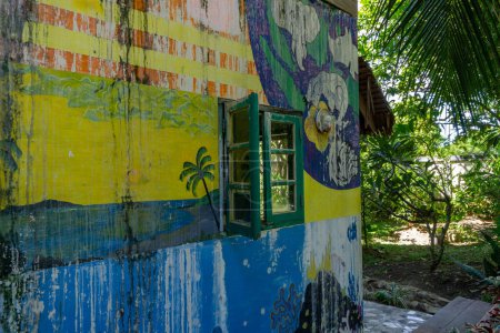 Téléchargez les photos : Fenêtre en bois vert sur mur peint art. mur graffiti coloré. Vieux mur de cour dans la forêt - en image libre de droit