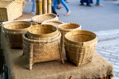 wicker baskets made from rattan and bamboo. Local handicraft market in Banda Aceh, Indonesia