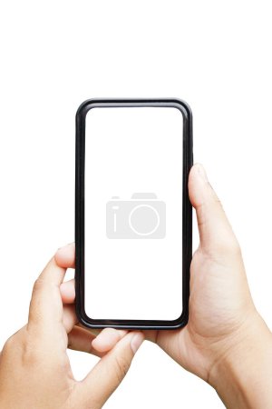 Hand holding smart phone with white screen mock up PNG. white smartphone display mockup in hand isolated on white