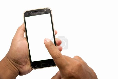 Hand holding and touching smart phone with white screen mock up PNG. white smartphone display mockup in hand isolated on white