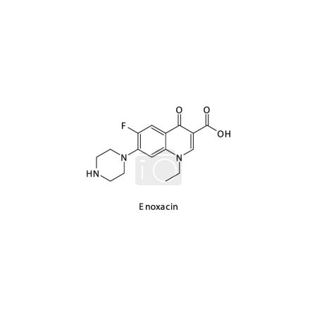Illustration for Enoxacin flat skeletal molecular structure 2nd generation Fluoroquinolone antibiotic drug used in bacterial infection treatment. Vector illustration. - Royalty Free Image