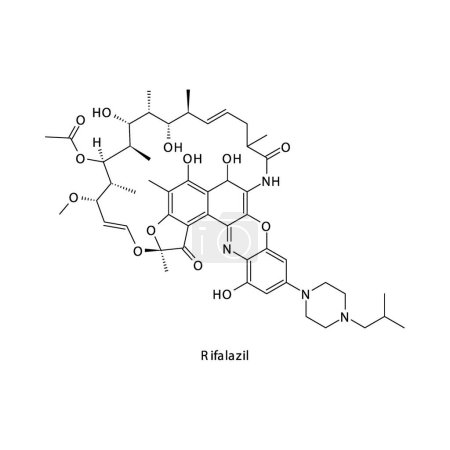 Illustration for Rifalazil flat skeletal molecular structure Rifamycin antibiotic drug used in bacterial infection treatment. Vector illustration. - Royalty Free Image