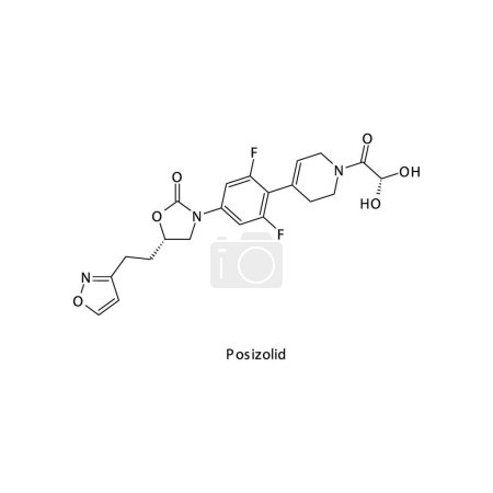 Illustration for Posizolid flat skeletal molecular structure Oxazolidone antibiotic drug used in bacterial infection treatment. Vector illustration. - Royalty Free Image
