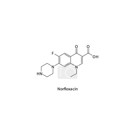 Illustration for Norfloxacin flat skeletal molecular structure 2nd generation Fluoroquinolone antibiotic drug used in bacterial infection treatment. Vector illustration. - Royalty Free Image