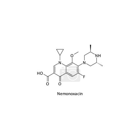 Illustration for Nemonoxacin flat skeletal molecular structure Quinolone antibiotic drug used in bacterial infection treatment. Vector illustration. - Royalty Free Image