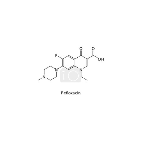 Illustration for Pefloxacin flat skeletal molecular structure 2nd generation Fluoroquinolone antibiotic drug used in bacterial infection treatment. Vector illustration. - Royalty Free Image