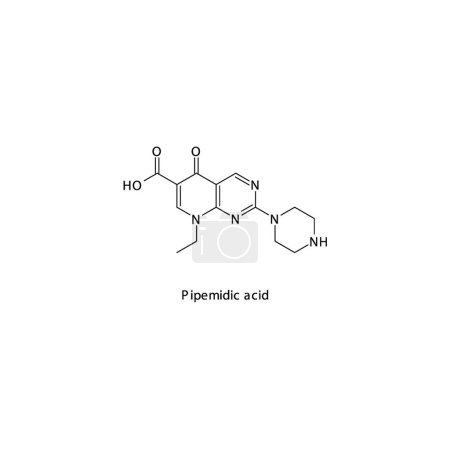 Illustration for Pipemidic acid flat skeletal molecular structure Quinolone antibiotic drug used in bacterial infection treatment. Vector illustration. - Royalty Free Image