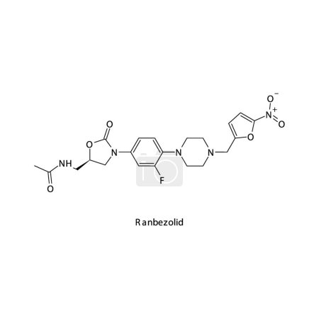Illustration for Ranbezolid flat skeletal molecular structure Oxazolidone antibiotic drug used in bacterial infection treatment. Vector illustration. - Royalty Free Image