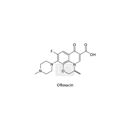 Illustration for Ofloxacin flat skeletal molecular structure 2nd generation Fluoroquinolone antibiotic drug used in bacterial infection treatment. Vector illustration. - Royalty Free Image