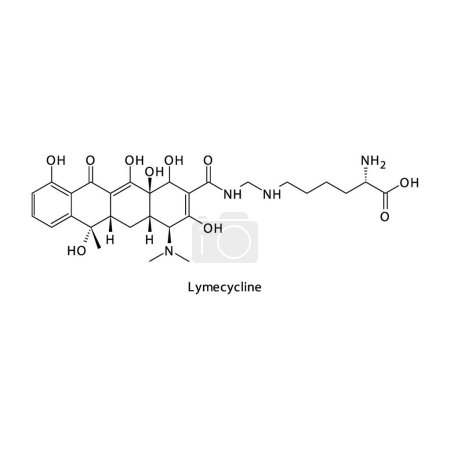 Lymecycline estructura molecular esquelética plana Medicamento antibiótico de tetraciclina utilizado en el tratamiento de infecciones bacterianas. Ilustración vectorial.