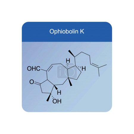Téléchargez les illustrations : Schéma de structure squelettique Ophiobolin K. Illustration scientifique de molécule de composé de esterterpène sur fond bleu. - en licence libre de droit