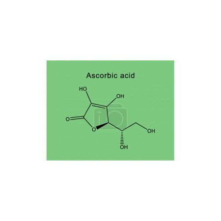 Ascorbic acid skeletal structure diagram.Vitamin C derivative compound molecule scientific illustration on green background.