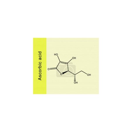 Ascorbic acid skeletal structure diagram.Vitamin C derivative compound molecule scientific illustration on yellow background.