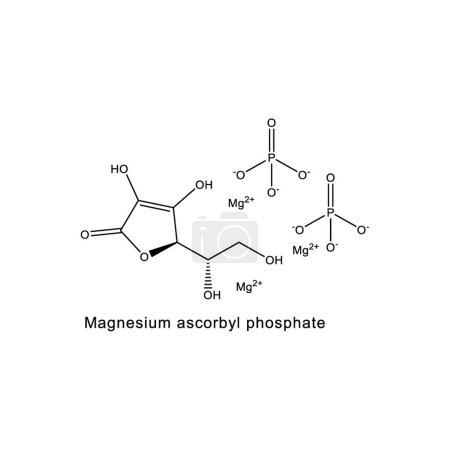 Magnesium ascorbyl phosphate skeletal structure diagram.Vitamin C derivative compound molecule scientific illustration on white background.