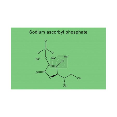 Sodium ascorbyl phosphate skeletal structure diagram.Vitamin C derivative compound molecule scientific illustration on green background.