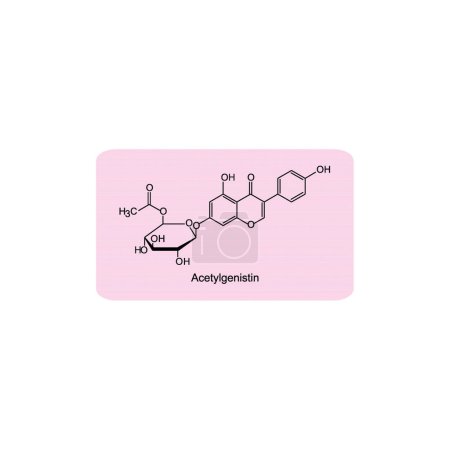 Acetylgenistin skeletal structure diagram.Isoflavanone compound molecule scientific illustration on pink background.